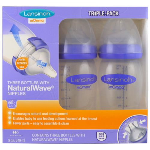 Lansinoh, Бутылки с соской Natural Wave, средний поток, 3 бутылки, по 8 унций (240 мл) каждая