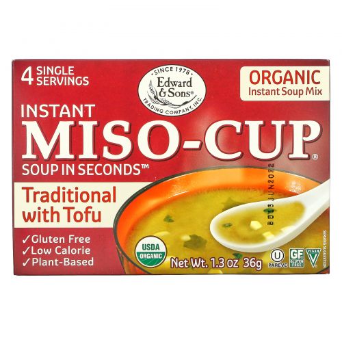 Edward & Sons, Органический суп Miso-Cup, натуральный/растворимый, 4 отдельные порции, по 9 г каждая