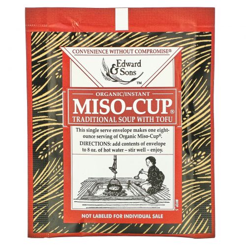 Edward & Sons, Органический суп Miso-Cup, натуральный/растворимый, 4 отдельные порции, по 9 г каждая