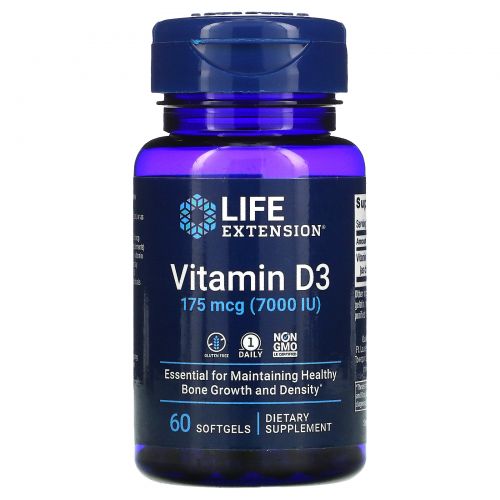 Life Extension, Витамин D3, 7,000 МЕ, 60 гелевых капсул