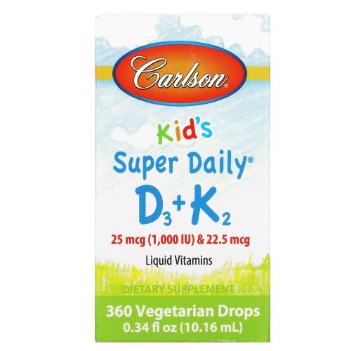 Carlson Labs, Для детей, Super Daily D3+K2, 25 мкг, 0,34 ж. унц. (10,16 мл)