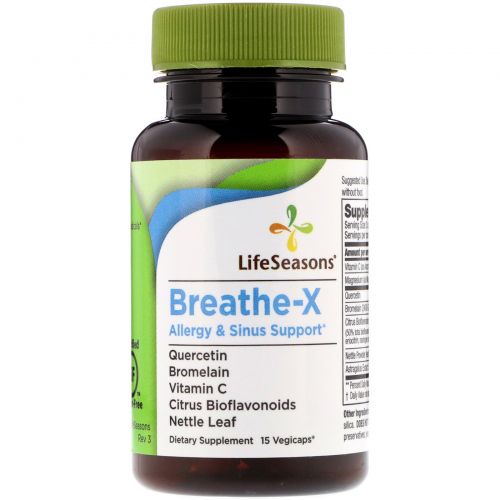 LifeSeasons, Breathe-X, поддержка при аллергии и для пазух носа, 15 вегетарианских капсул