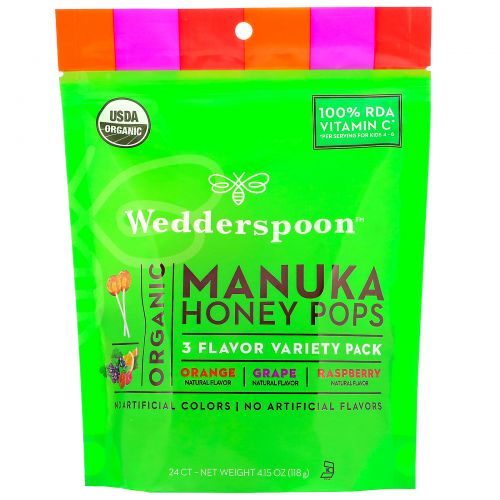 Wedderspoon, Organic Manuka Honey Pops For Kids, Variety Pack, 24 Count, 4.15 oz