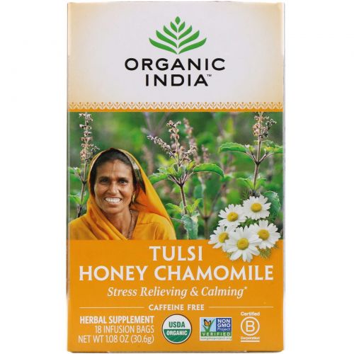 Organic India, Чай с тулси, медом и ромашкой, без кофеина, 1,08 унции (30,6 г), 18 пакетиков